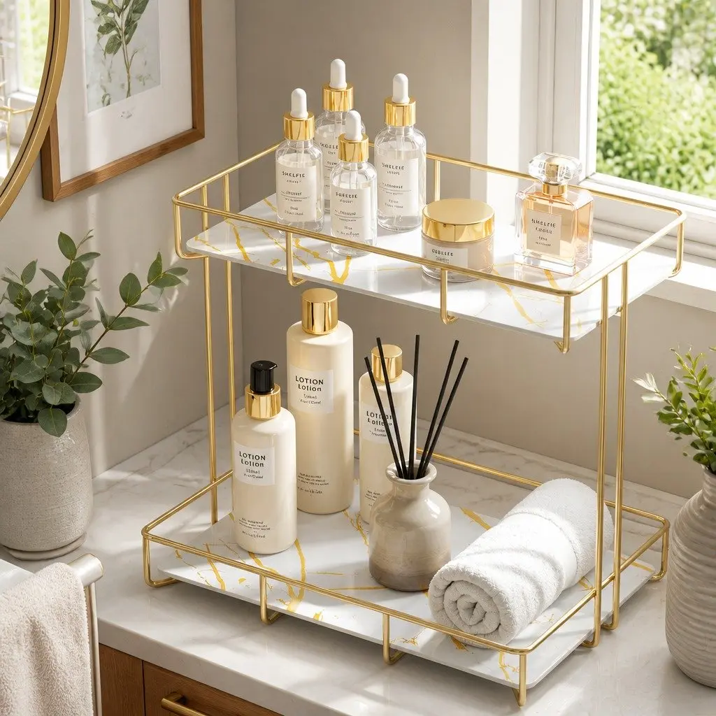 Bathroom Organiser 2 Tier Corner Storage Iron Gold Marble Finish Towel Holder
