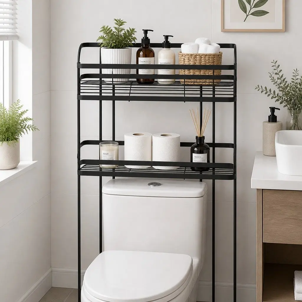 2 Tier Black Over Toilet Storage Rack Carbon Steel Bathroom Organizer Space Saver Shelf