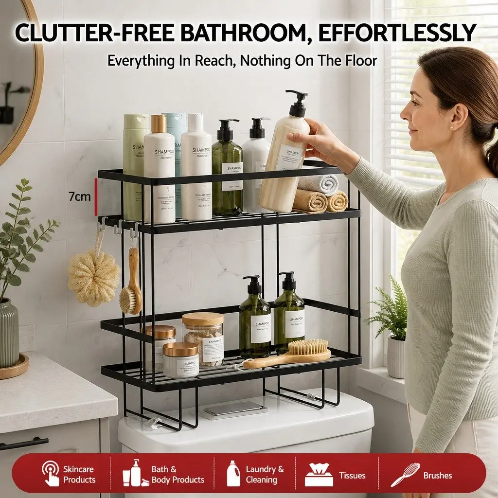 2 Tier Black Over Toilet Storage Rack Carbon Steel Bathroom Organizer Space Saver Shelf