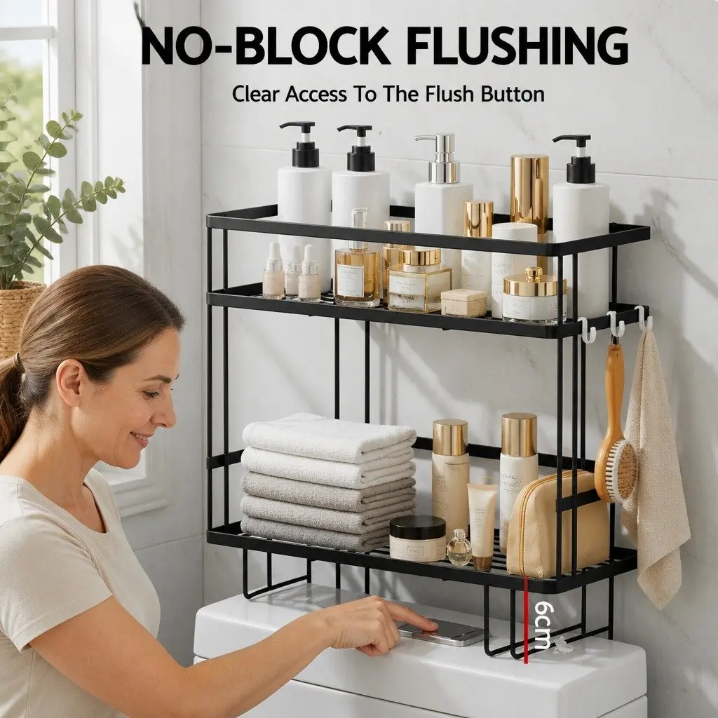 2 Tier Black Over Toilet Storage Rack Carbon Steel Bathroom Organizer Space Saver Shelf