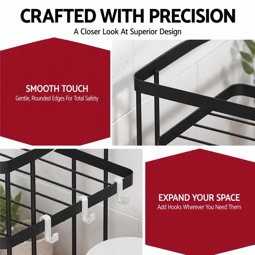 2 Tier Black Over Toilet Storage Rack Carbon Steel Bathroom Organizer Space Saver Shelf