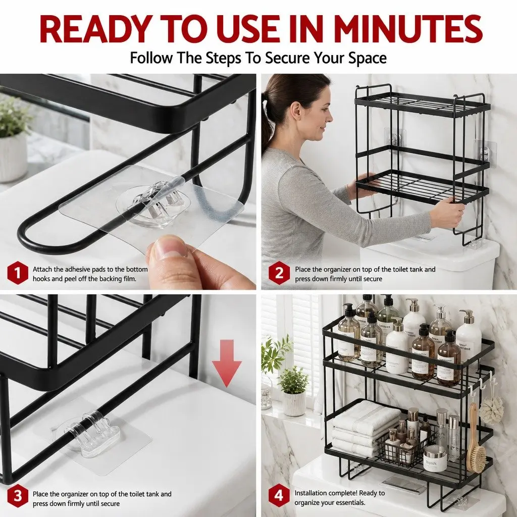 2 Tier Black Over Toilet Storage Rack Carbon Steel Bathroom Organizer Space Saver Shelf