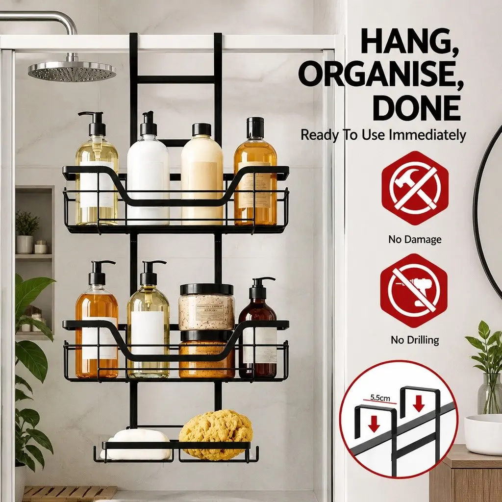 3 Tier Over The Door Shower Caddy Iron Black Bathroom Storage Organizer