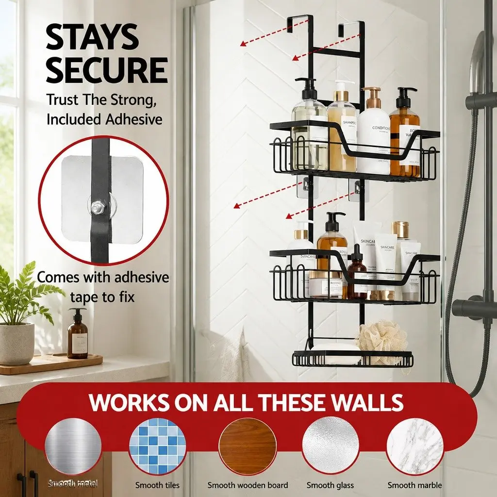 3 Tier Over The Door Shower Caddy Iron Black Bathroom Storage Organizer
