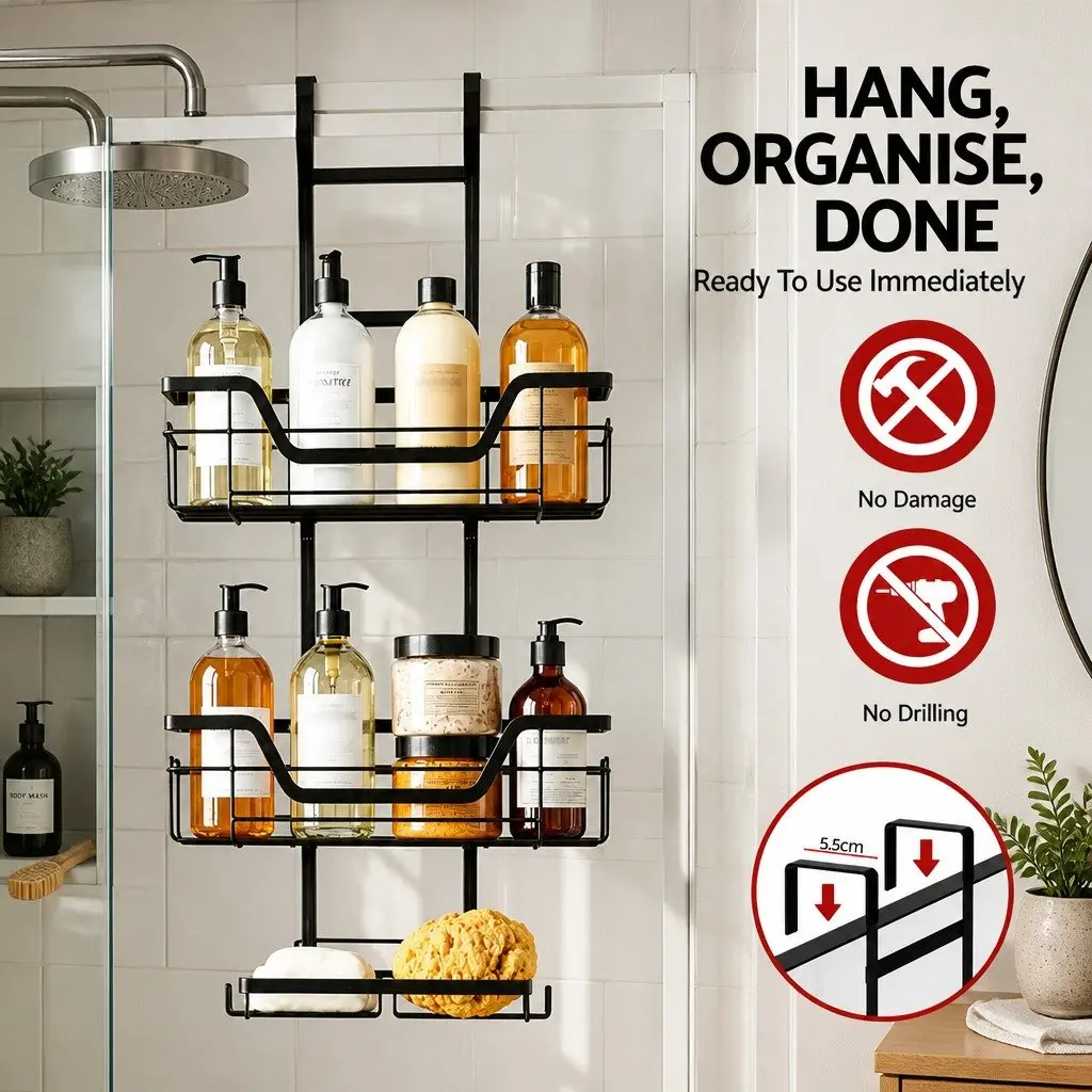 3 Tier Bathroom Wall Shower Caddy Storage Organizer Clip-On Adhesive Black