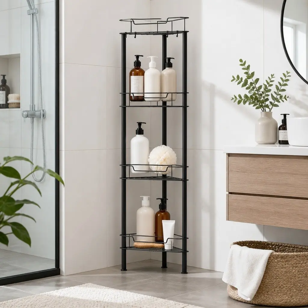 4 Tier Floor Standing Corner Shower Caddy Bathroom Storage Organizer Black