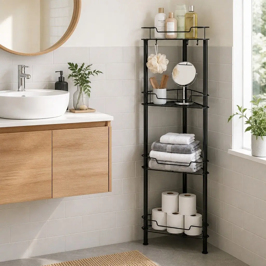4 Tier Floor Standing Corner Shower Caddy Bathroom Storage Organizer Black