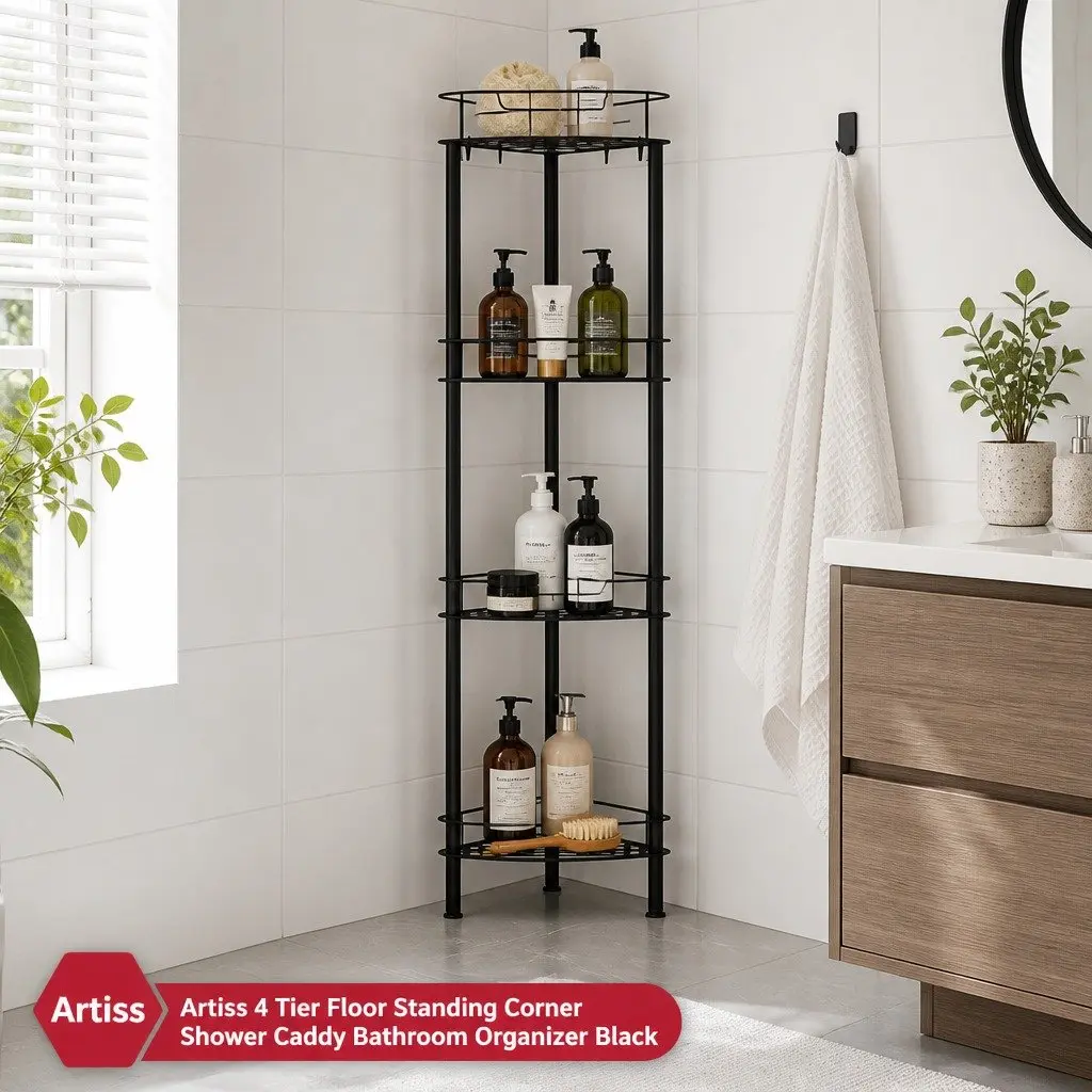 4 Tier Floor Standing Corner Shower Caddy Bathroom Storage Organizer Black