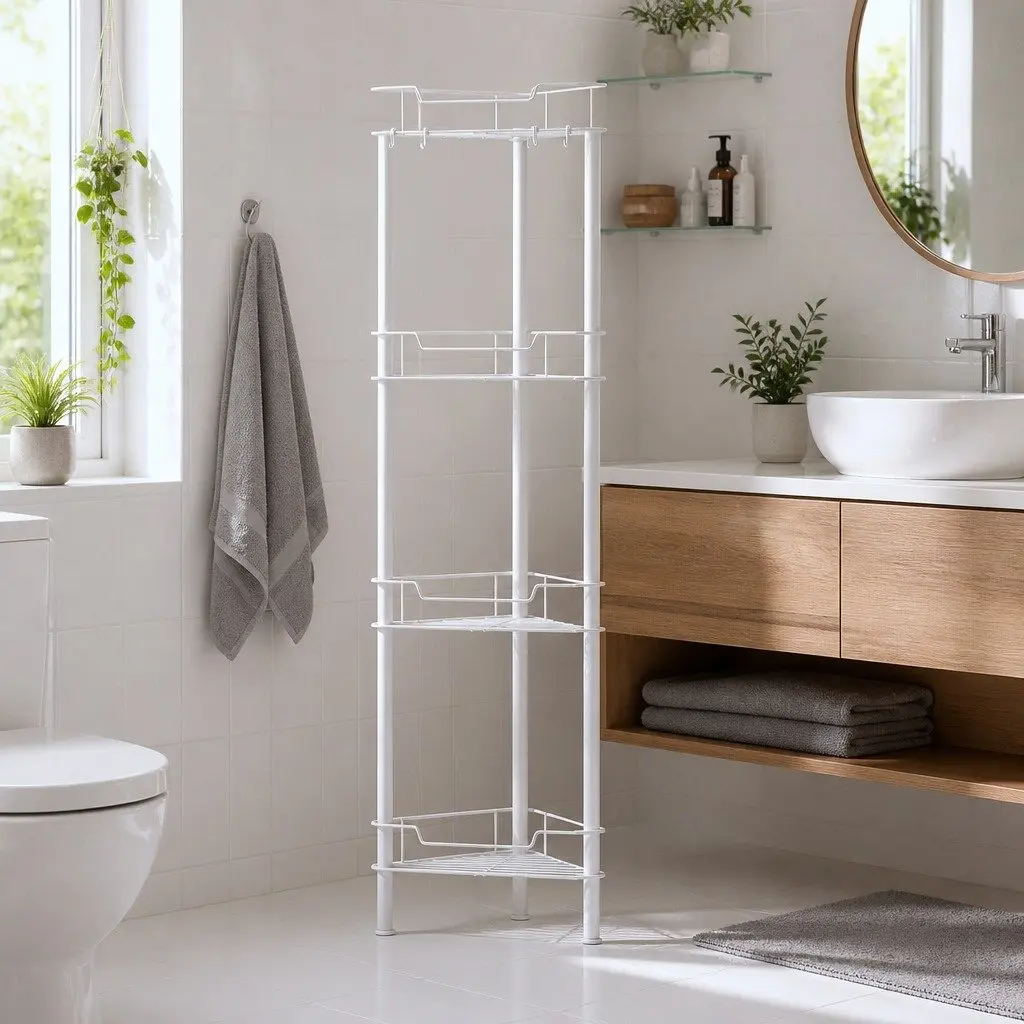 4 Tier Floor Standing Corner Shower Caddy Iron Water-Resistant White