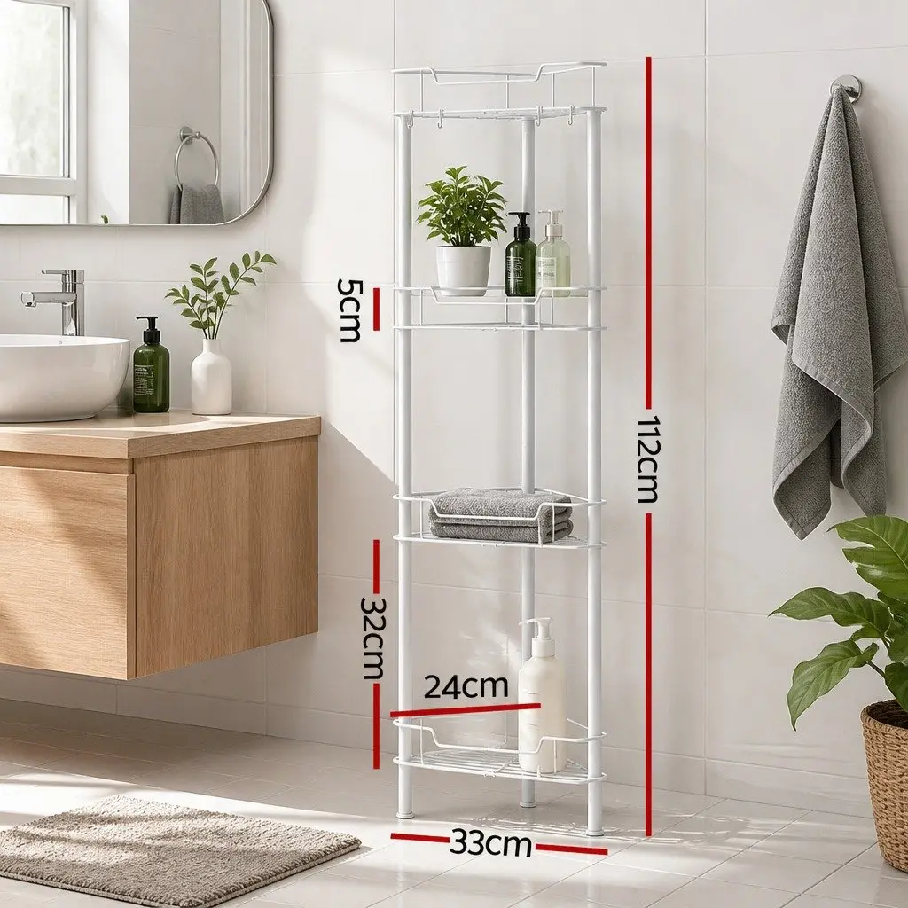 4 Tier Floor Standing Corner Shower Caddy Iron Water-Resistant White