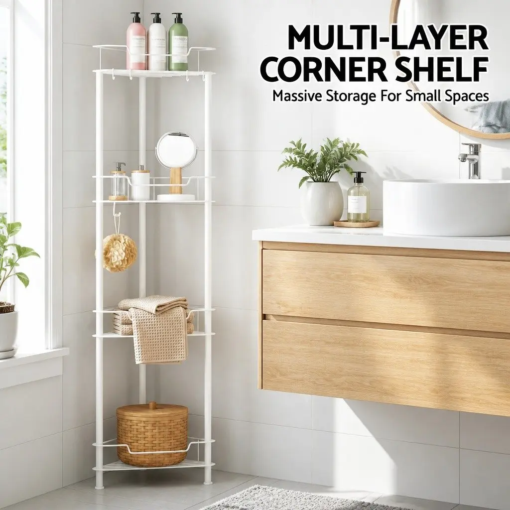 4 Tier Floor Standing Corner Shower Caddy Iron Water-Resistant White