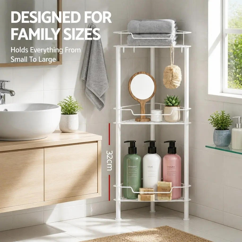 4 Tier Floor Standing Corner Shower Caddy Iron Water-Resistant White