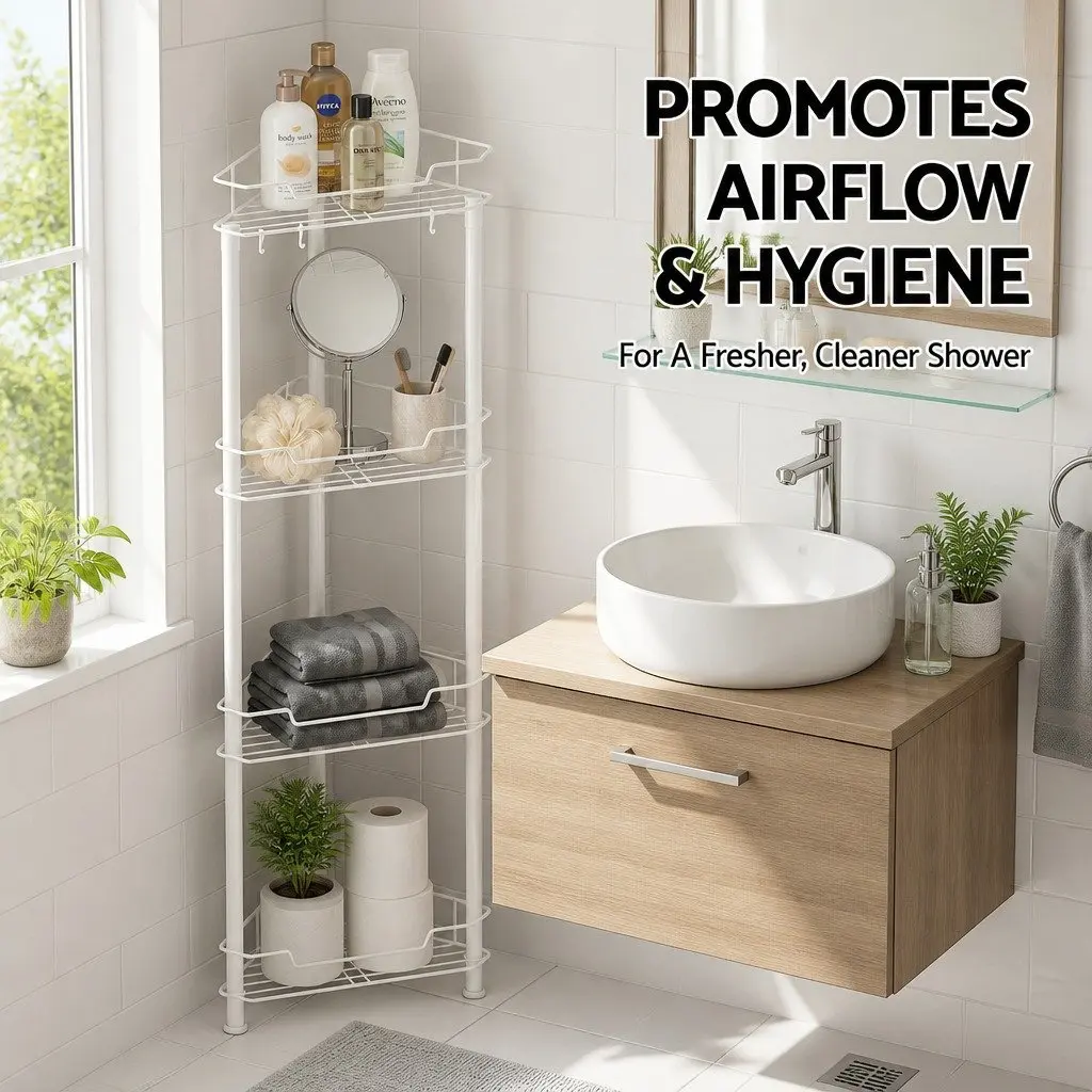 4 Tier Floor Standing Corner Shower Caddy Iron Water-Resistant White