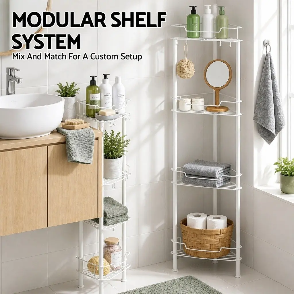 4 Tier Floor Standing Corner Shower Caddy Iron Water-Resistant White