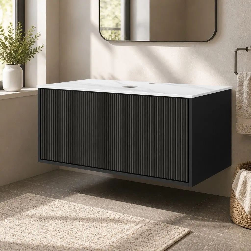 Wall Hung Bathroom Vanity Unit 900mm Black Cabinet Grooved Timber Storage Basin