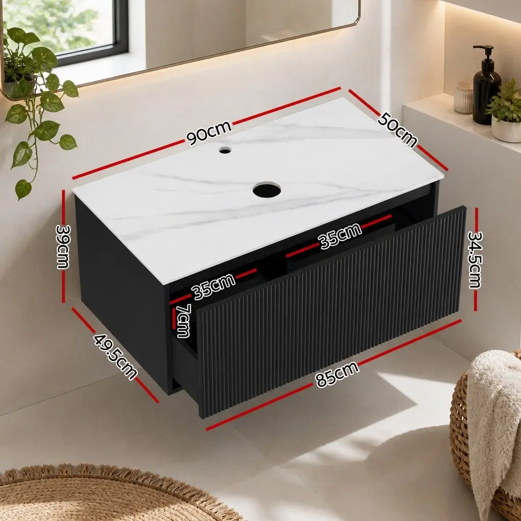 Wall Hung Bathroom Vanity Unit Sintered Stone Countertop 900mm Black Cabinet