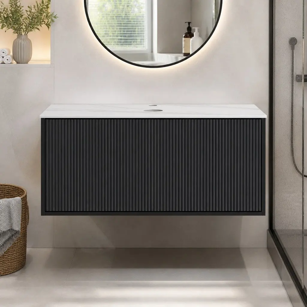 Wall Hung Bathroom Vanity Unit Sintered Stone Countertop 900mm Black Cabinet