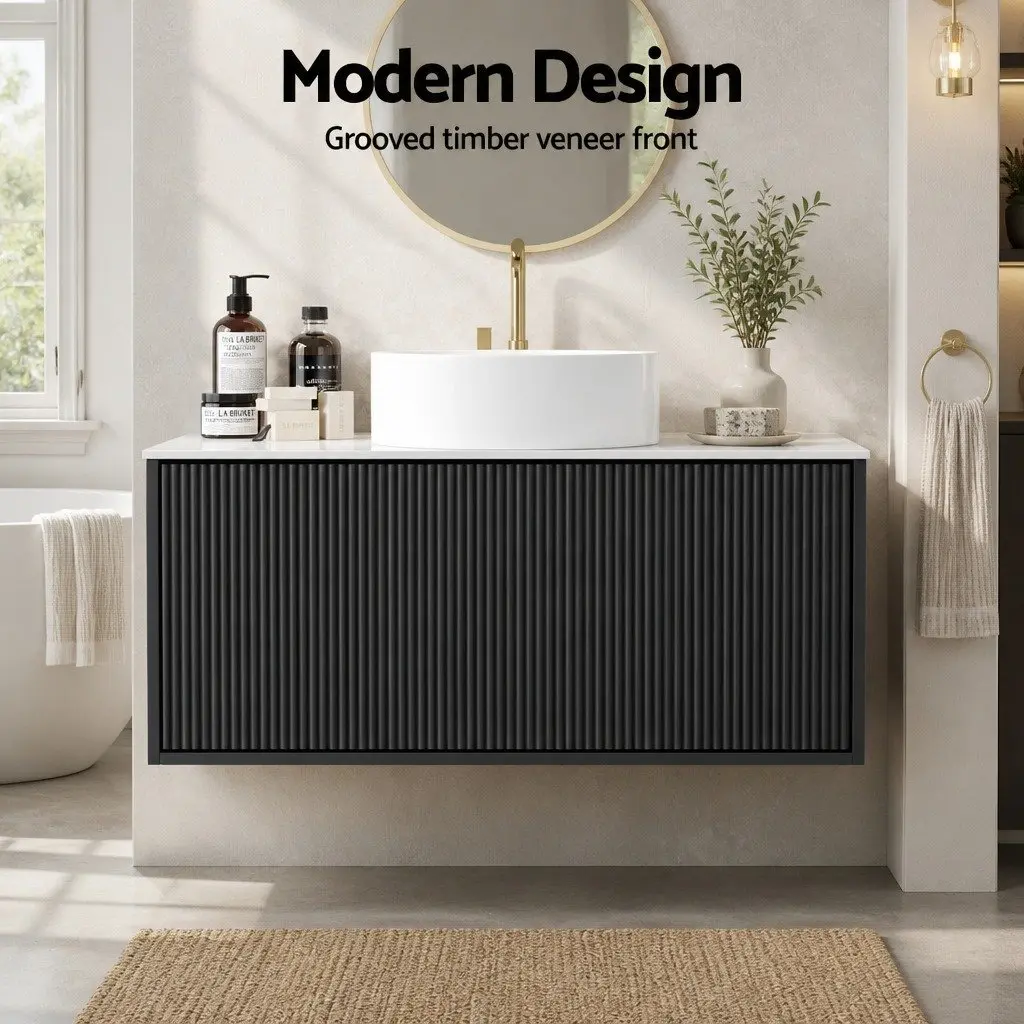 Wall Hung Bathroom Vanity Unit Sintered Stone Countertop 900mm Black Cabinet