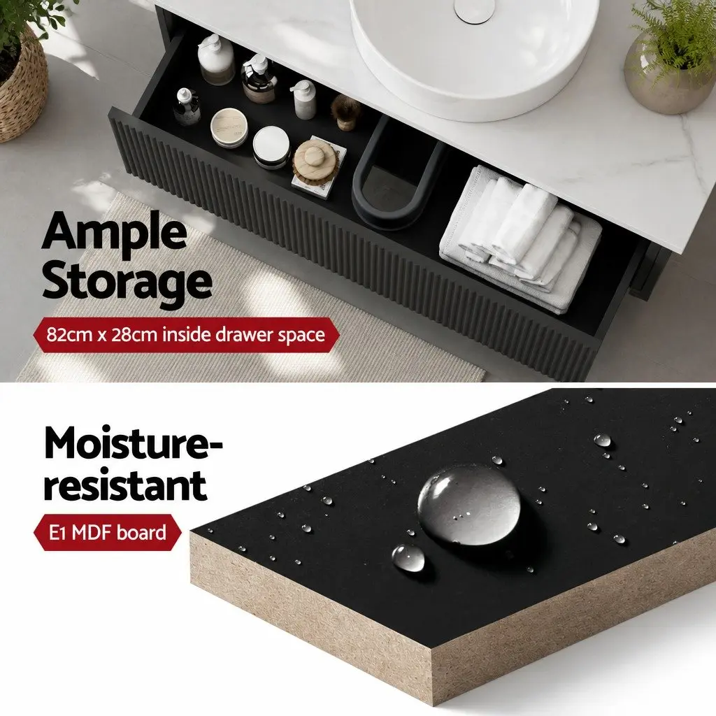 Wall Hung Bathroom Vanity Unit Sintered Stone Countertop 900mm Black Cabinet