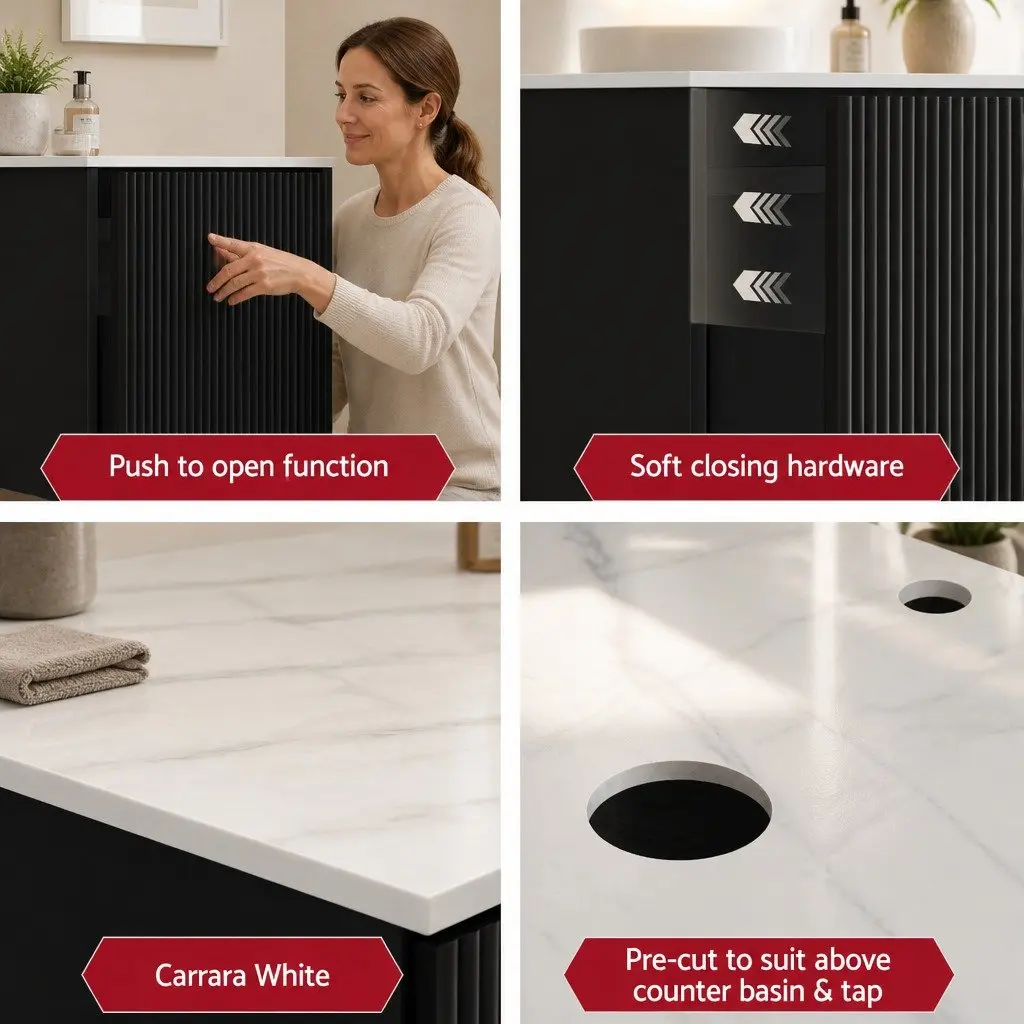 Wall Hung Bathroom Vanity Unit Sintered Stone Countertop 900mm Black Cabinet