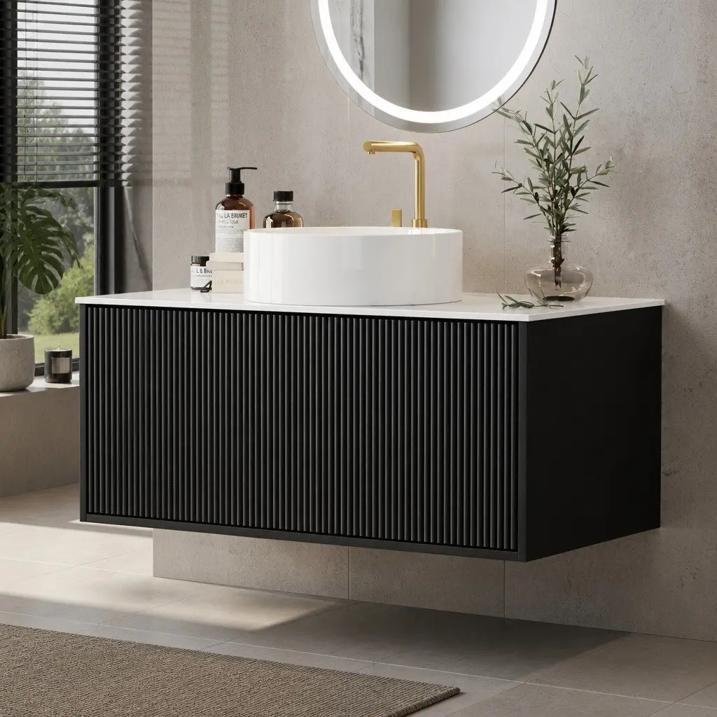 Wall Hung Bathroom Vanity Unit Sintered Stone Countertop 900mm Black Cabinet