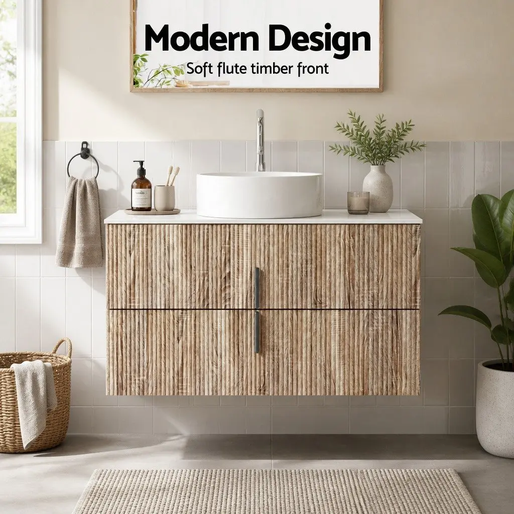 900mm Wall Hung Vanity Unit Engineered Stone Countertop Pine Timber