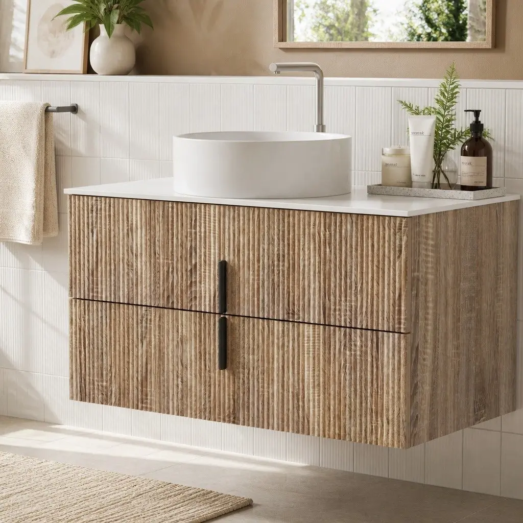900mm Wall Hung Vanity Unit Engineered Stone Countertop Pine Timber
