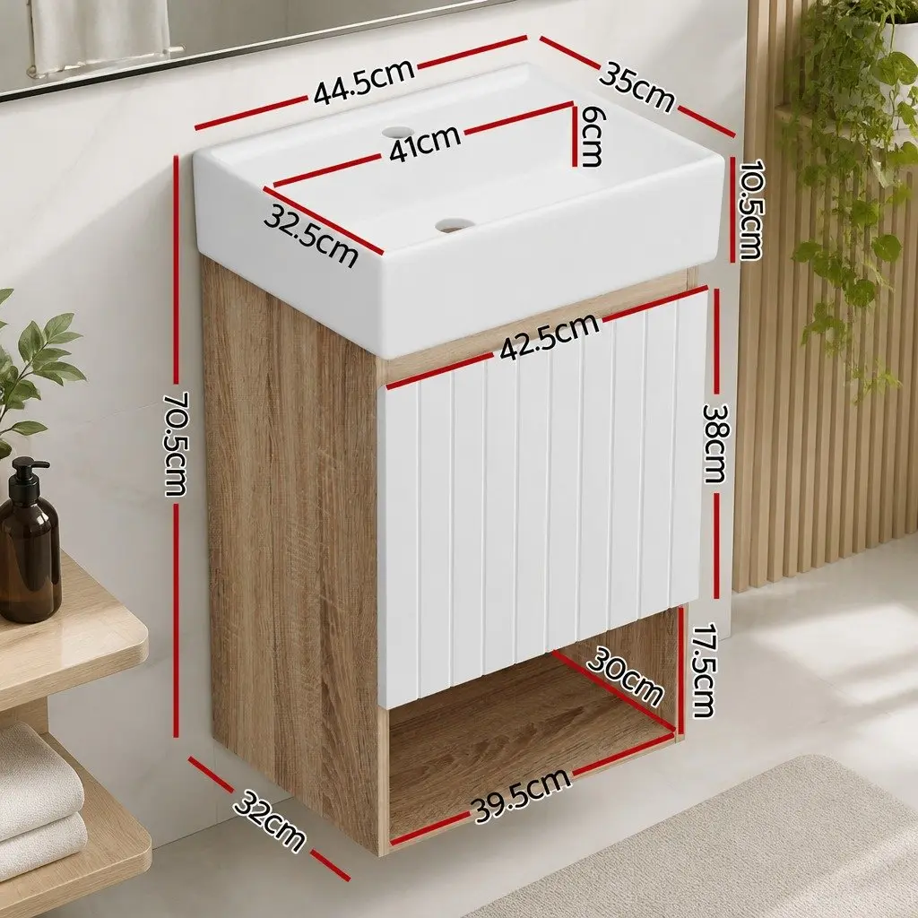 Bathroom Vanity Unit Wall Hung E1 MDF 445mm Basin White Walnut