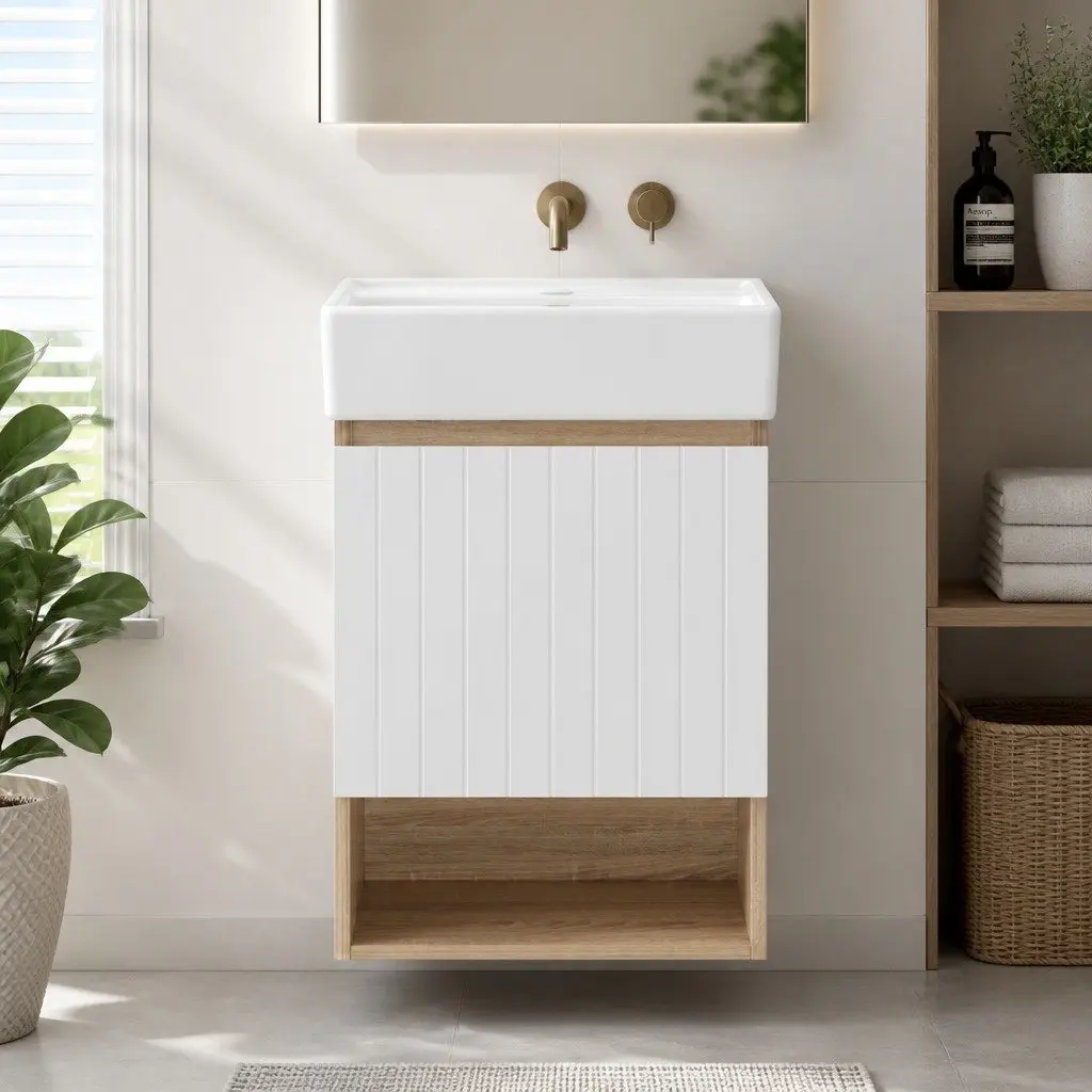 Bathroom Vanity Unit Wall Hung E1 MDF 445mm Basin White Walnut