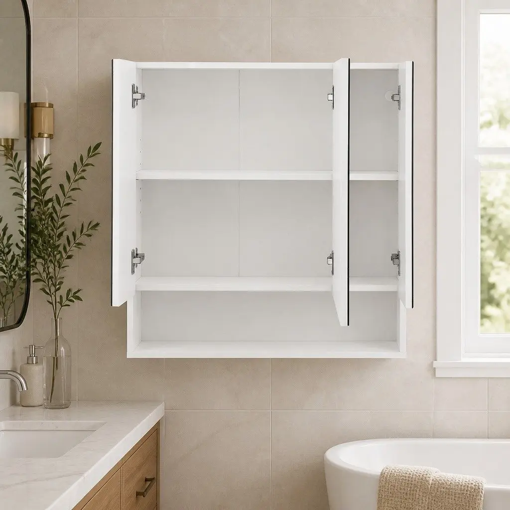 Bathroom Mirror Cabinet Wall Hung MDF 700x750mm White Triple Mirrored Doors Adjustable Shelves
