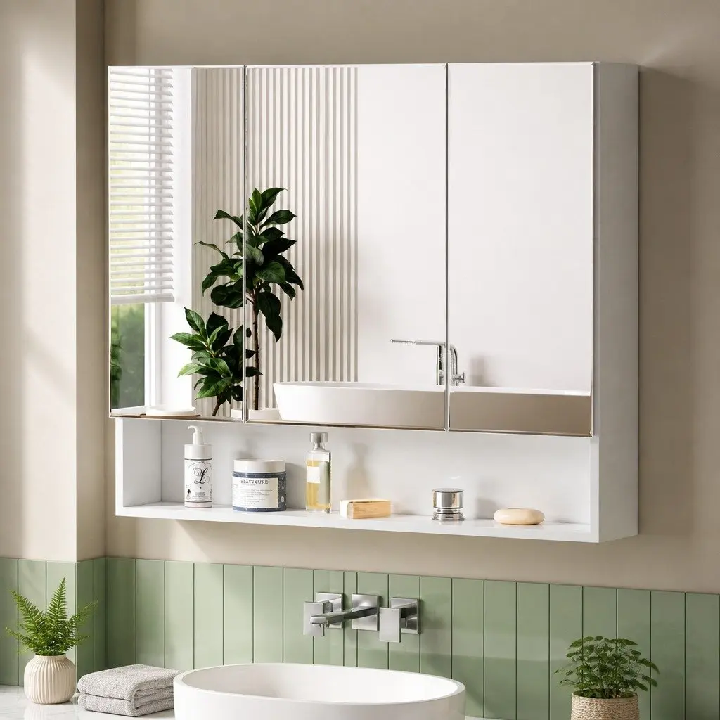Bathroom Mirror Cabinet Wall Hung 900x750mm White Adjustable Shelves Medicine