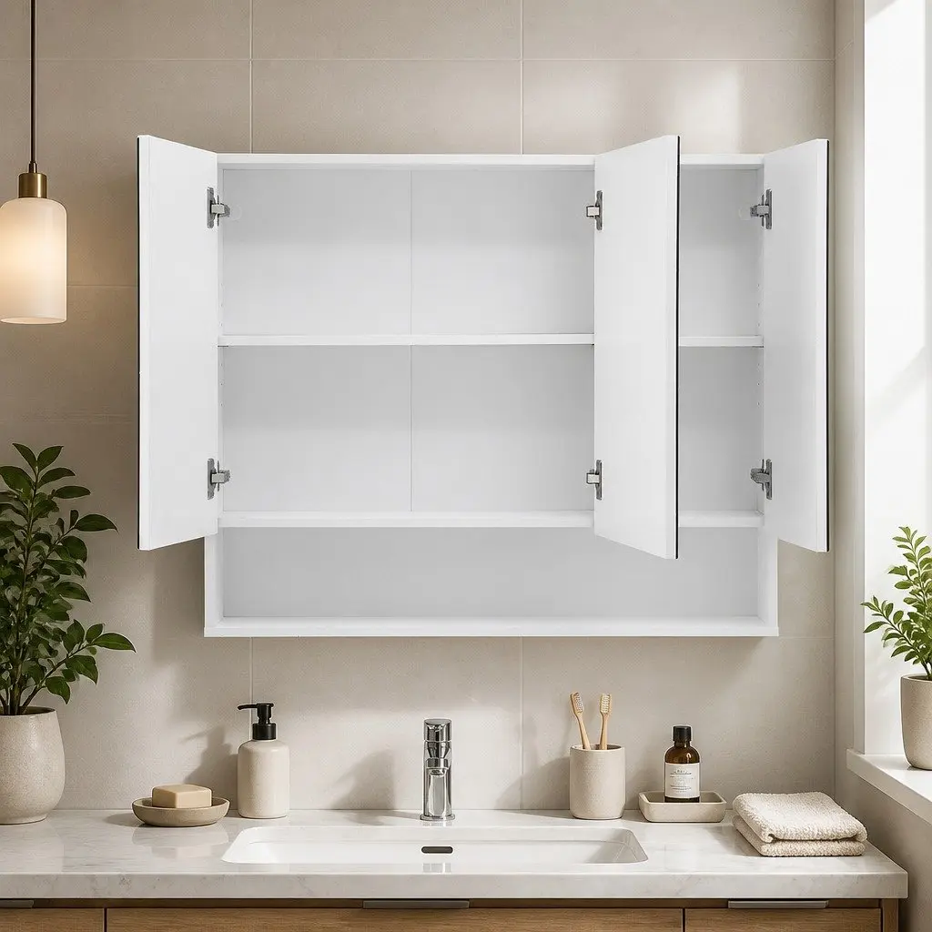 Bathroom Cabinet Wall Hung MDF 900x750mm White Adjustable Shelves Mirror