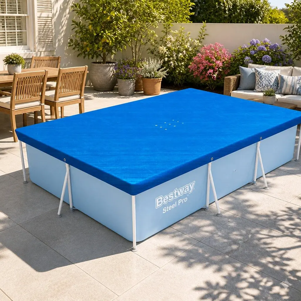 Protective PE Pool Cover for Rectangle Above Ground Swimming Pools 3.04m x 2.05m with Drainage Holes and Rope Ties Multicolour