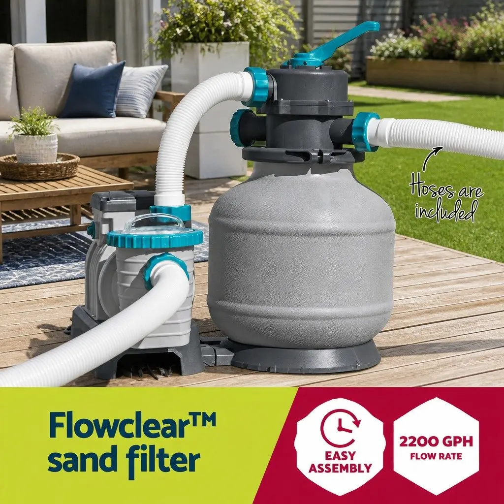 Sand Filter Pump Corrosion-Proof Above Ground Pool 2200GPH 63.3x69x43.8cm with 6-Position Control Valve and Easy Maintenance Assembly