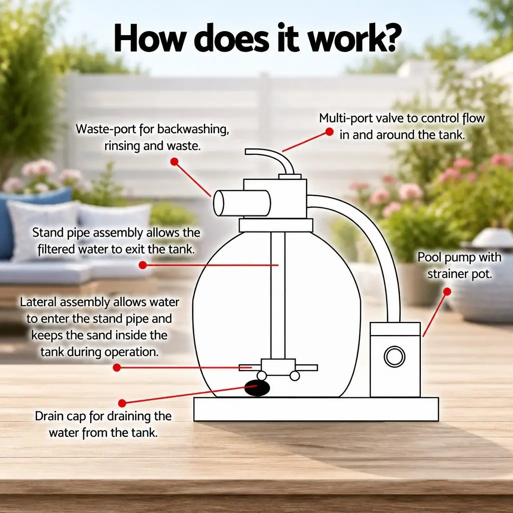 Sand Filter Pump Corrosion-Proof Above Ground Pool 2200GPH 63.3x69x43.8cm with 6-Position Control Valve and Easy Maintenance Assembly