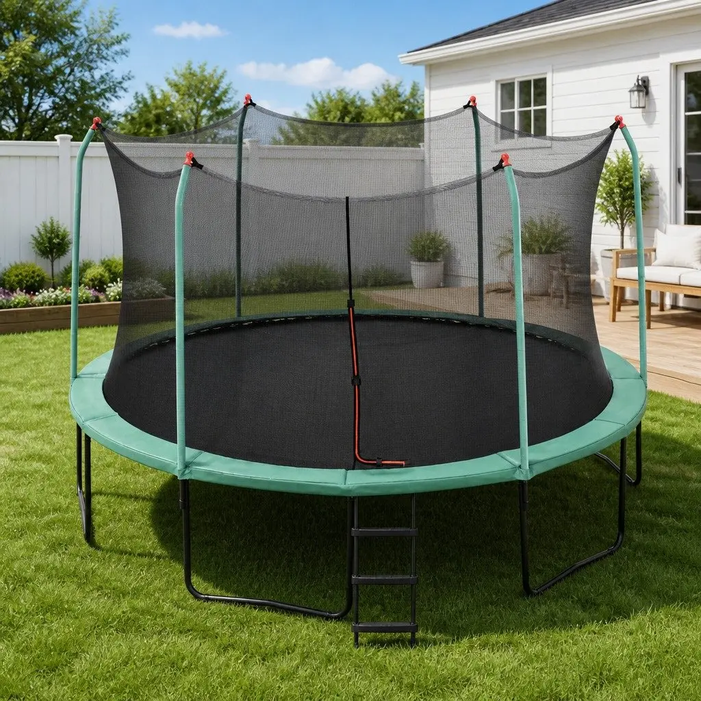 14ft Trampoline Outdoor Powder Coated Galvanized Steel Dark Green with Safety Net Enclosure