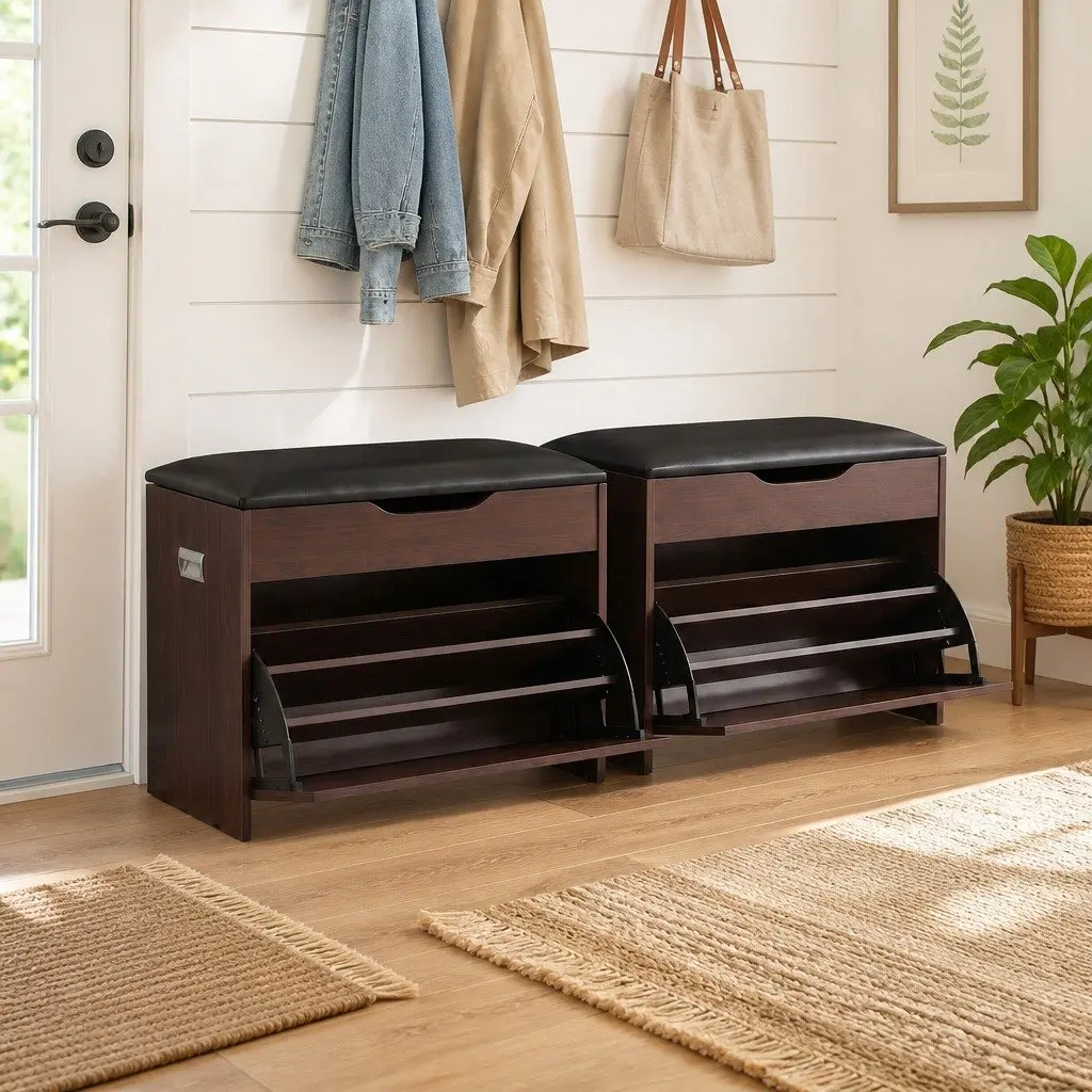 Shoe Bench Set Lift-Up Seat Storage Cabinet Freestanding Walnut 2 Piece