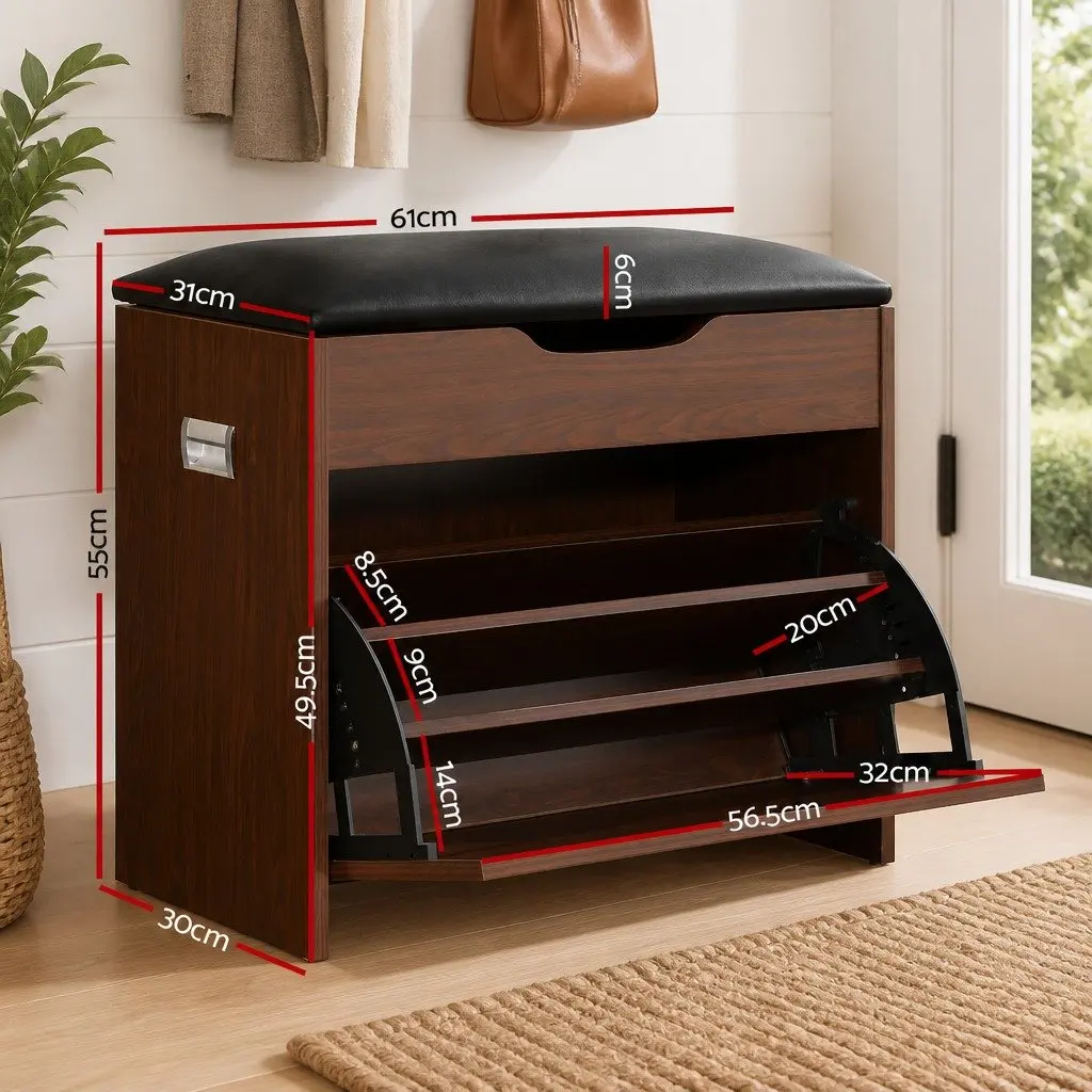 Shoe Bench Set Lift-Up Seat Storage Cabinet Freestanding Walnut 2 Piece