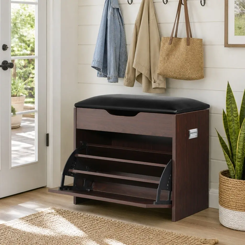 Shoe Bench Set Lift-Up Seat Storage Cabinet Freestanding Walnut 2 Piece