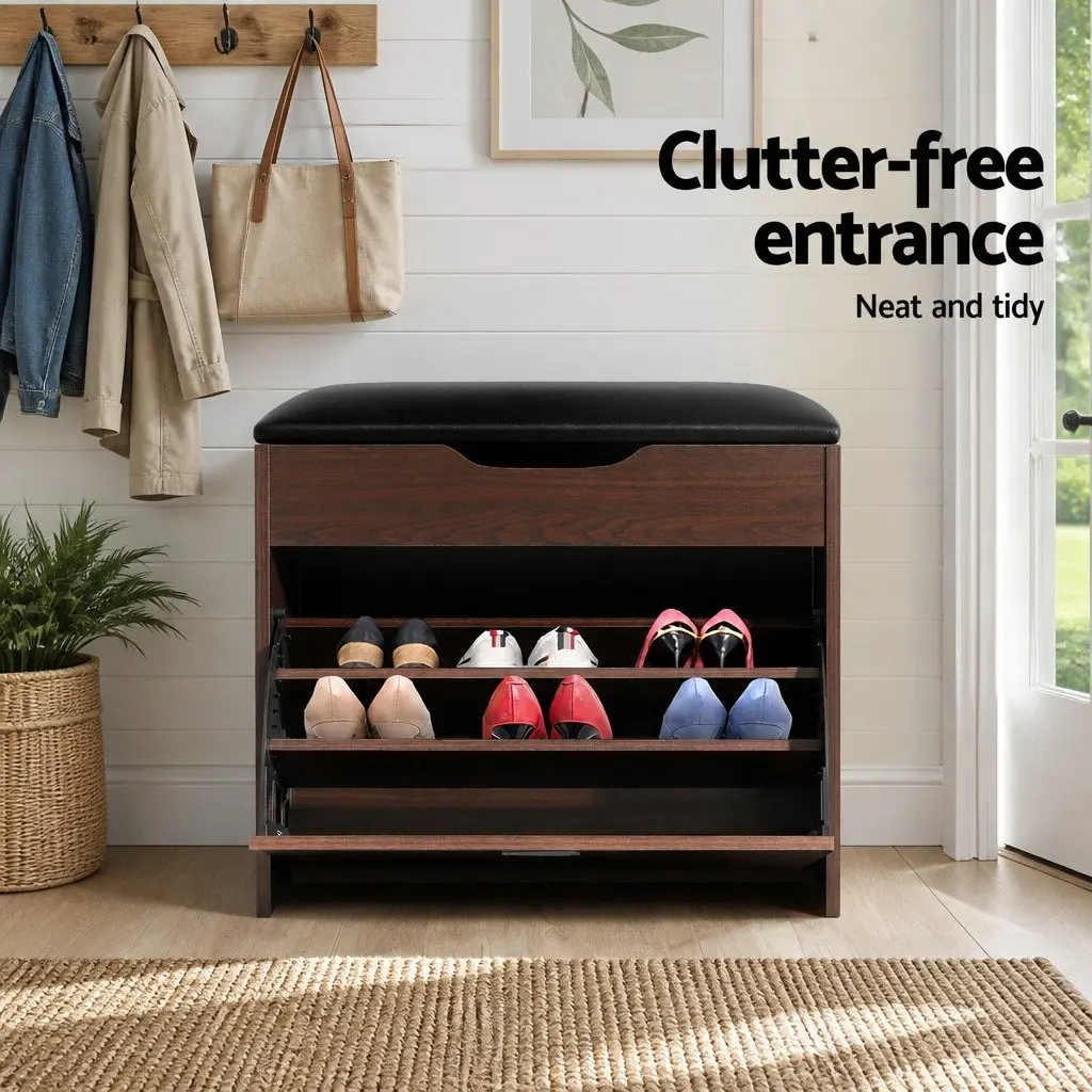 Shoe Bench Set Lift-Up Seat Storage Cabinet Freestanding Walnut 2 Piece
