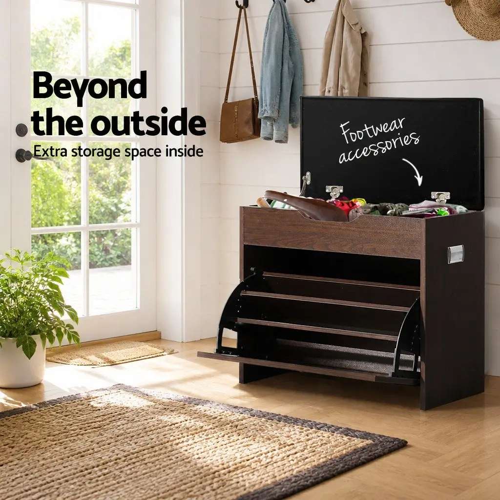 Shoe Bench Set Lift-Up Seat Storage Cabinet Freestanding Walnut 2 Piece