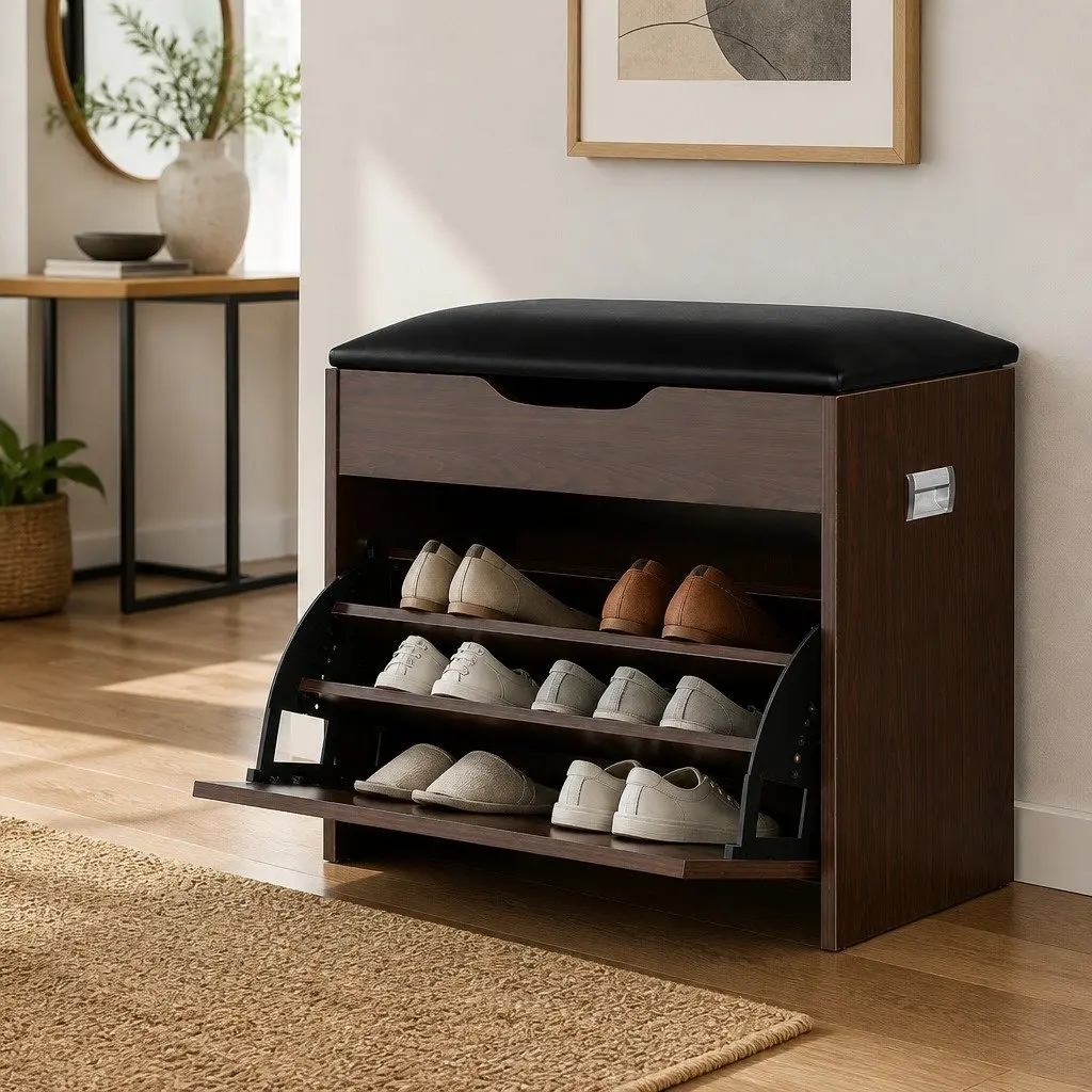Shoe Rack Cabinet Bench 3-Tier Storage Walnut 57cm x 30cm x 53cm