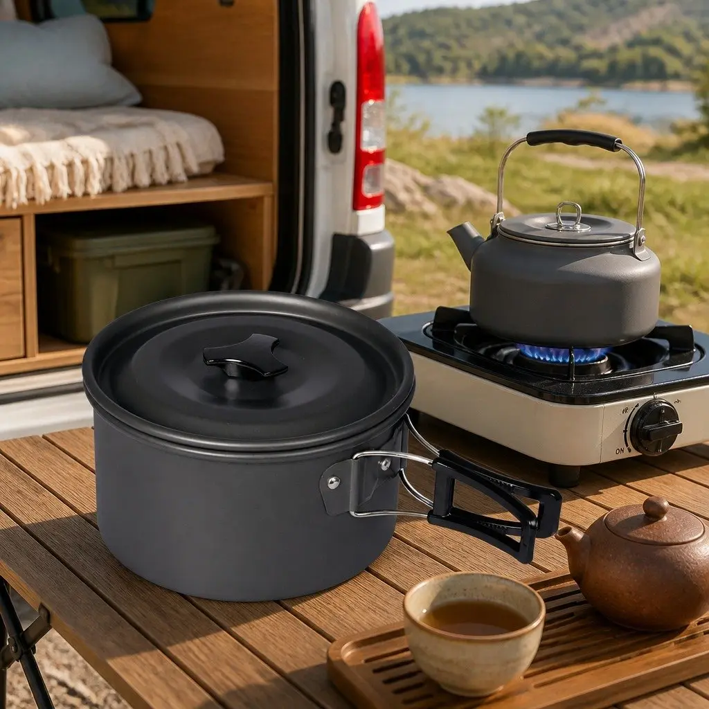 16 Piece Camping Cookware Set Aluminium Non-Stick Portable Outdoor Cooking Pots Pans Kettle Silver and Black