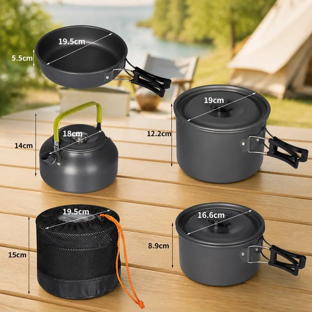 16 Piece Camping Cookware Set Aluminium Non-Stick Portable Outdoor Cooking Pots Pans Kettle Silver and Black