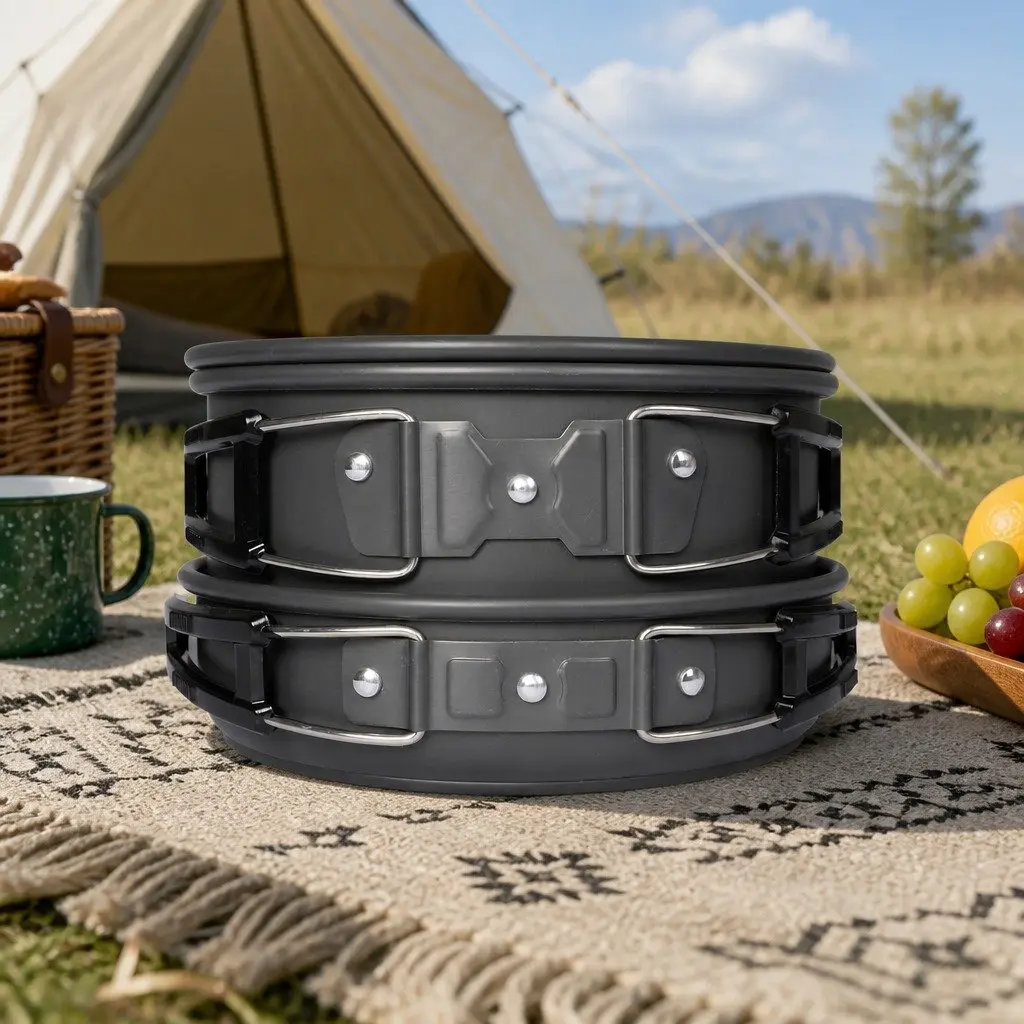 16 Piece Camping Cookware Set Aluminium Non-Stick Portable Outdoor Cooking Pots Pans Kettle Silver and Black