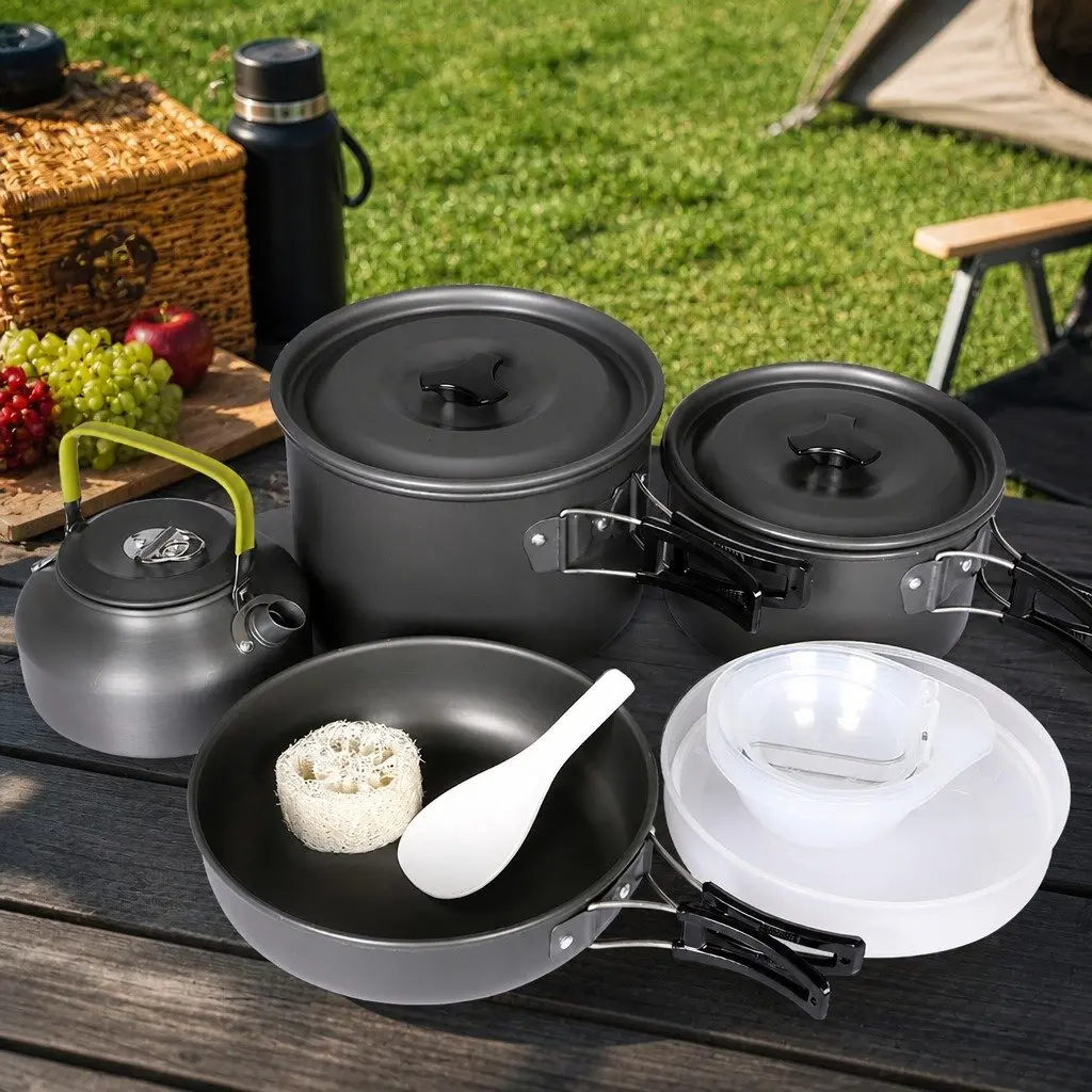 16 Piece Camping Cookware Set Aluminium Non-Stick Portable Outdoor Cooking Pots Pans Kettle Silver and Black