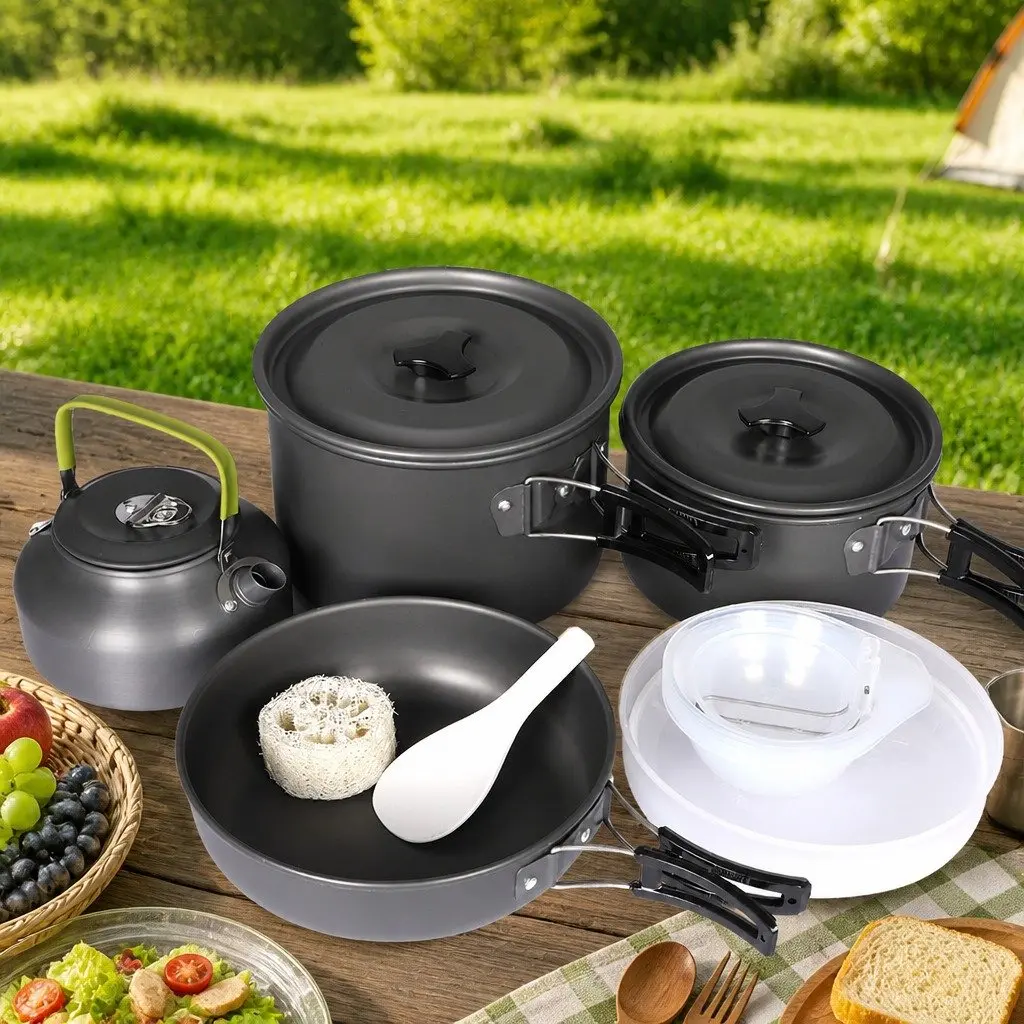 16 Piece Camping Cookware Set Aluminium Non-Stick Portable Outdoor Cooking Pots Pans Kettle Silver and Black