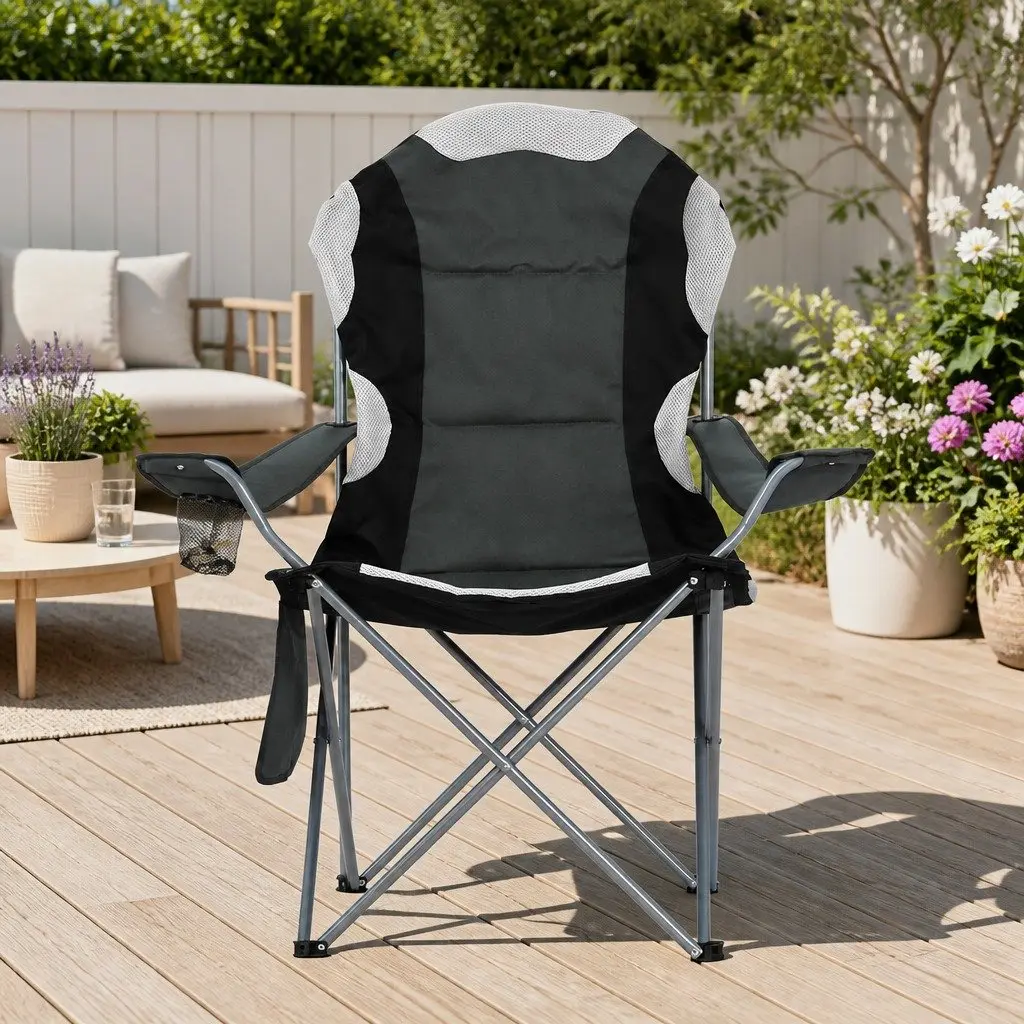 Folding Camping Chair Portable Steel Frame Padded Fabric Grey 2 Pack