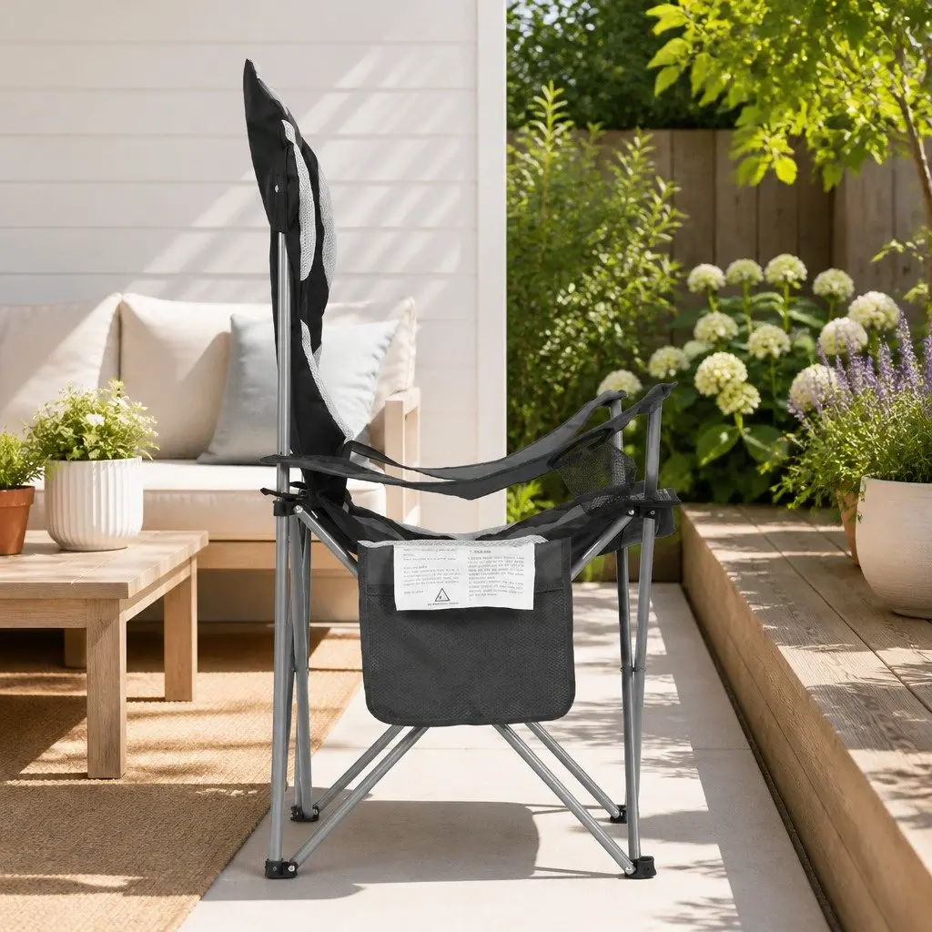 Folding Camping Chair Portable Steel Frame Padded Fabric Grey 2 Pack