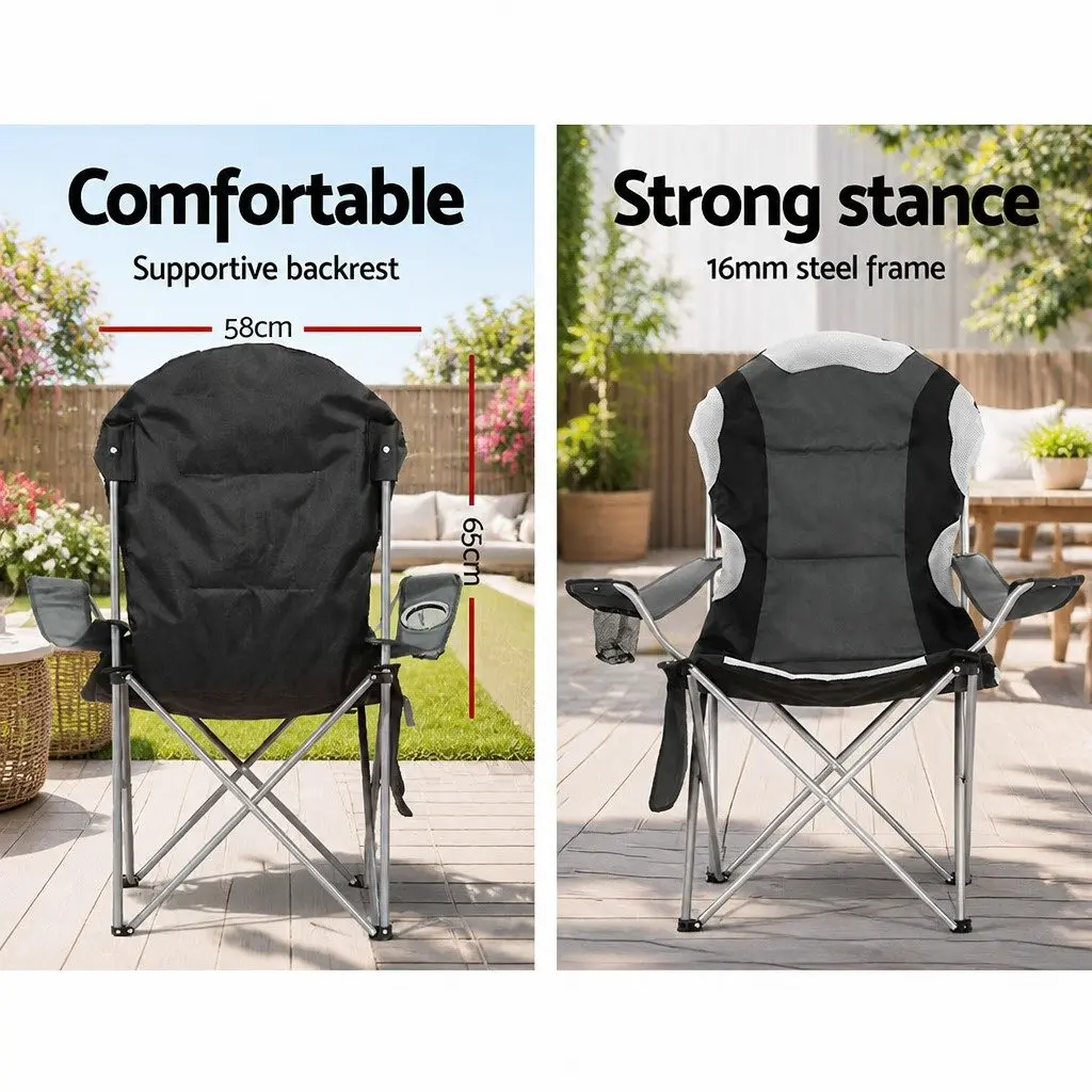 Folding Camping Chair Portable Steel Frame Padded Fabric Grey 2 Pack